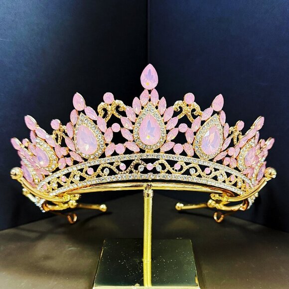 Gold Crown Crystal Tiara, Princess Crown, Gold Wedding Tiara, Wedding Pink Crown main image 7